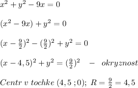 x^2+y^2-9x=0\\\\(x^2-9x)+y^2=0\\\\(x-\frac{9}{2})^2-(\frac{9}{2})^2+y^2=0\\\\(x-4,5)^2+y^2=(\frac{9}{2})^2\; \; \; -\; \; okryznost\\\\Centr \; v\; tochke\; (4,5\; ;0);\; R=\frac{9}{2}=4,5