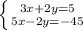 \left \{ {{3x+2y=5} \atop {5x-2y=-45}} \right.