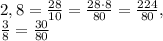 2,8= \frac{28}{10} = \frac{28\cdot 8}{80}= \frac{224}{80}, \\ \frac{3}{8}= \frac{30}{80}