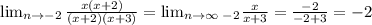 \lim_{n \to -2} \frac{x(x+2)}{(x+2)(x+3)} = \lim_{n \to \infty} _-_2 \frac{x}{x+3} = \frac{-2}{-2+3} =-2