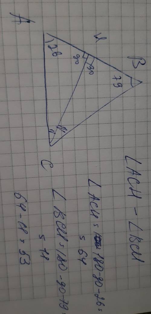 Втреугольнике abc угол а равен 26°, угол в равен 79°, сh – высота. найдите разность углов ach и всн.