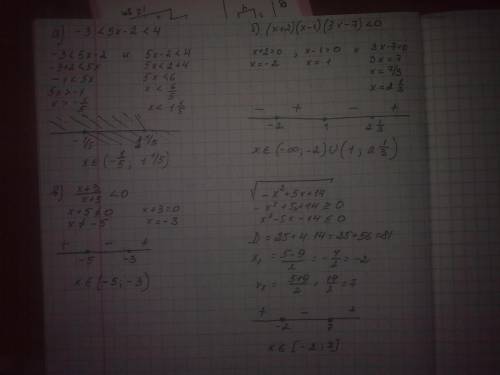 Решите линейные уравнения (составить рисунок) a)-3< 5x-2< 4 b)(x+2)(x-1)(3x-7)< 0 в)x+3/x-5