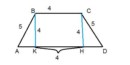 Вравнобедренной трапеции высота и длина меньшего основания равно по 4 см.длина боковой стороны 5см.н