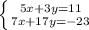 \left \{ {{5x+3y=11} \atop {7x+17y=-23}} \right.