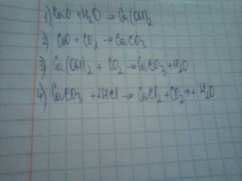 Cao+h2o→? cao+co2→? ca(oh)2+co2→? caco3+hcl→? заранее : )