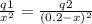 \frac{q1}{ x^{2} } =\frac{q2}{(0.2-x) ^{2} }