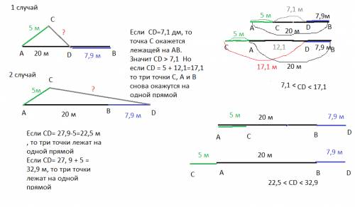 Дан отрезок ав длина которого равна 20 м, точка с не лежит на отрезке ав, ас=5 м. точка д лежит на о