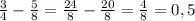 \frac{3}{4} - \frac{5}{8}= \frac{24}{8}- \frac{20}{8}= \frac{4}{8} =0,5