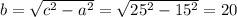 b= \sqrt{c^2-a^2} = \sqrt{25^2-15^2} =20