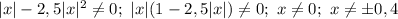 |x| - 2,5|x|^{2} \neq 0; \ |x|(1 - 2,5|x|) \neq 0; \ x \neq 0; \ x \neq \pm0,4