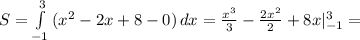 S= \int\limits^3_{-1} {(x^{2}-2x+8-0)} \, dx=\frac{x^{3}}{3}-\frac{2x^{2}}{2}+8x|^{3}_{-1}=