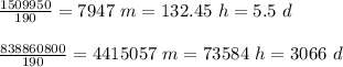 \frac{1509950}{190}=7947\ m=132.45\ h=5.5\ d\\\\ \frac{838860800}{190}=4415057\ m=73584\ h=3066\ d