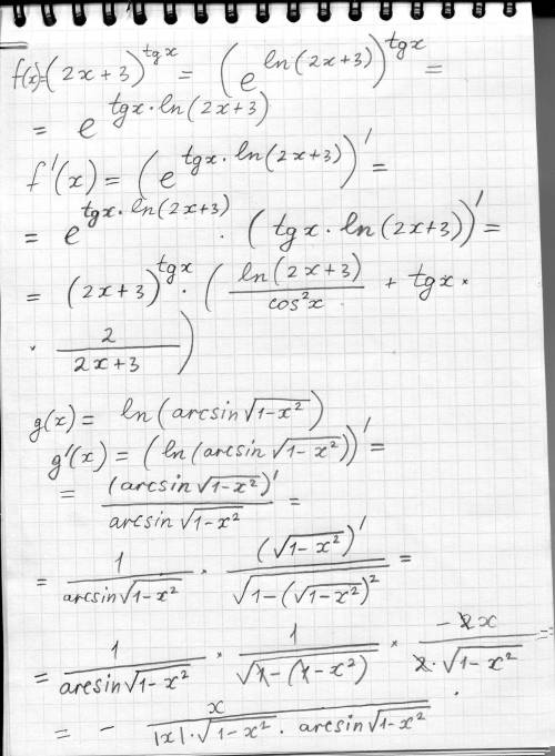 (2x+3)^tgx ( вся скобка в степени tgx) , найти производную lnarcsin√1-x² (найти производную)