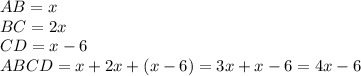 AB=x\\BC=2x\\CD=x-6\\ABCD=x+2x+(x-6)=3x+x-6=4x-6