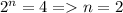 2^n=4=n=2