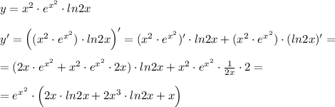 y=x^2\cdot e^{x^2}\cdot ln2x\\\\y'=\Big ((x^2\cdot e^{x^2})\cdot ln2x\Big )'=(x^2\cdot e^{x^2})'\cdot ln2x+(x^2\cdot e^{x^2})\cdot (ln2x)'=\\\\=(2x\cdot e^{x^2}+x^2\cdot e^{x^2}\cdot 2x)\cdot ln2x+x^2\cdot e^{x^2}\cdot \frac{1}{2x}\cdot 2=\\\\=e^{x^2}\cdot \Big (2x\cdot ln2x+2x^3\cdot ln2x+x\Big )