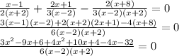 \frac{x-1}{2(x+2)} + \frac{2x+1}{3(x-2)}- \frac{2(x+8)}{3(x-2)(x+2)}=0 \\ \frac{3(x-1)(x-2)+2(x+2)(2x+1)-4(x+8)}{6(x-2)(x+2)}=0 \\ \frac{3x^{2}-9x+6+4x ^{2}+10x+4-4 x -32 }{6(x-2)(x+2)}=0