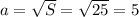 a = \sqrt{S} = \sqrt{25} =5