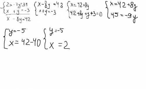 Система уравнений: 2х-7у=39 х+у сложения и подстановки надо