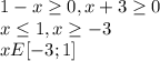 1-x\geq0,x+3\geq0\\x\leq1,x\geq-3\\xE[-3;1]