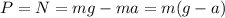 P = N = mg - ma = m (g-a)