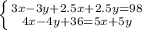 \left \{ {{3x-3y+2.5x+2.5y=98} \atop {4x-4y+36=5x+5y}} \right.