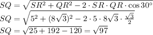 SQ= \sqrt{SR^2+QR^2-2\cdot SR\cdot QR\cdot\cos30а} \\ SQ= \sqrt{5^2+(8 \sqrt{3})^2-2\cdot5\cdot8 \sqrt{3} \cdot \frac{ \sqrt{3} }{2} } \\ SQ= \sqrt{25+192-120} = \sqrt{97}