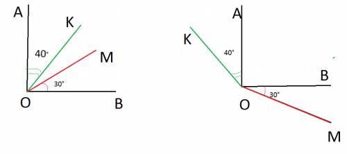 Начертите угол аов и его внутренние лучи ок и ом так, чтобы угол аов=90*, угол аок = 40* , угол мов