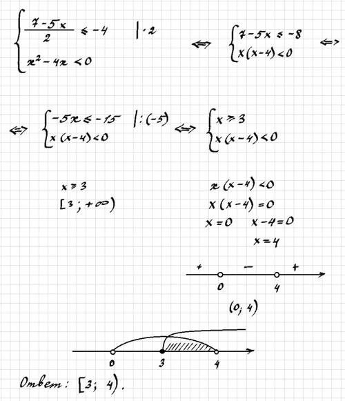 Система неравенств 7-5х/2 меньше и равно -4; х^2-4х< 0