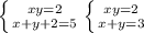 \left \{ {{xy=2} \atop {x+y+2=5}} \right. \left \{ {{xy=2} \atop {x+y=3}} \right.