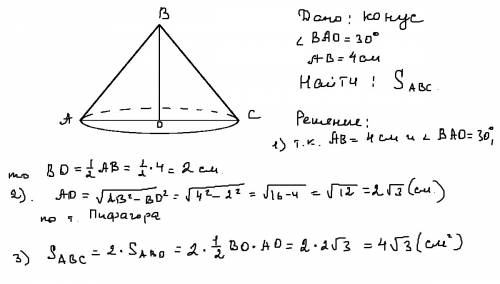 Образующая конуса, 4см , наклонена к плоскости основания под углом 30 градусов . найдите площадь осе
