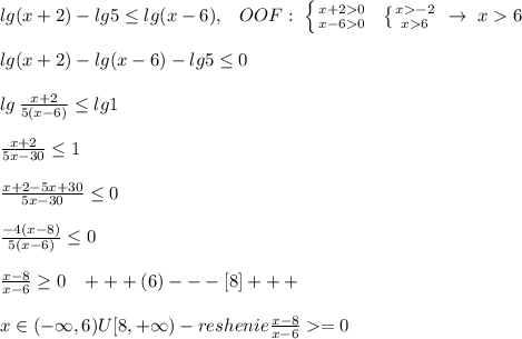 lg(x+2)-lg5 \leq lg(x-6),\; \; \; OOF:\; \left \{ {{x+20} \atop {x-60}} \right. \; \; \left \{ {{x-2} \atop {x6}} \right. \; \to \; x6\\\\lg(x+2)-lg(x-6)-lg5 \leq 0\\\\lg\, \frac{x+2}{5(x-6)} \leq lg1\\\\\frac{x+2}{5x-30} \leq 1\\\\\frac{x+2-5x+30}{5x-30} \leq 0\\\\\frac{-4(x-8)}{5(x-6)} \leq 0\\\\\frac{x-8}{x-6} \geq 0\; \; \; +++(6)---[8]+++\\\\x\in (-\infty,6)U[8,+\infty)-reshenie\frac{x-8}{x-6}= 0