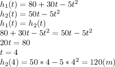 h_1(t)=80+30t-5t^2\\h_2(t)=50t-5t^2\\h_1(t)=h_2(t)\\80+30t-5t^2=50t-5t^2\\20t=80\\t=4\\h_2(4)=50*4-5*4^2=120(m)