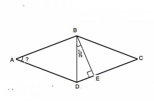 Дано: авсd-ромб угол dbe=20 градусов найти: угол bad