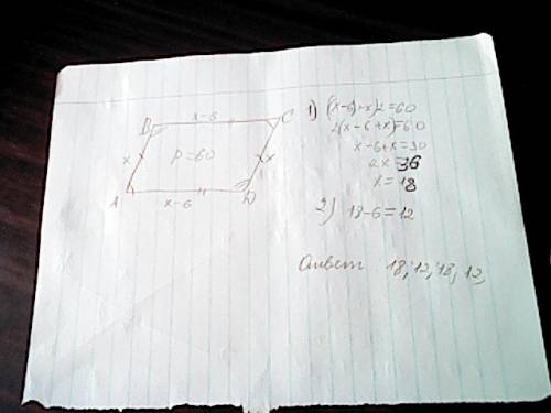 Периметр параллелограмма 60 см. одна из его сторон на 6 см меньше другой. найдите длины сторон парал