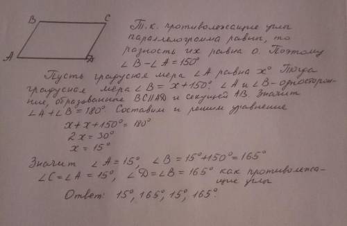 Найдите все углы параллелограмма если разность двух из них равна 150