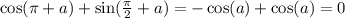 \cos(\pi + a) + \sin( \frac{\pi}{2} + a ) = - \cos(a) + \cos(a) = 0