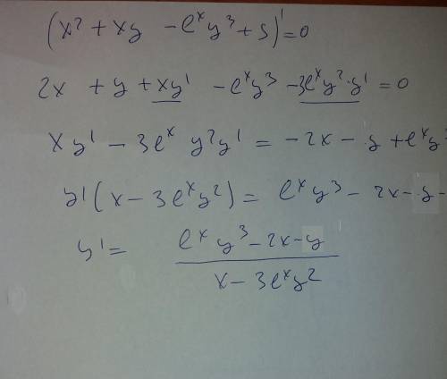 Найти производную функции: x^2+xy-(e^x ) *(y^3)+5=0