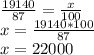 \frac{19140}{87} = \frac{x}{100} \\ &#10;x= \frac{19140*100}{87} \\ x= 22000