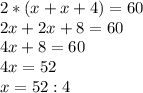 2*(x+x+4)=60 \\ 2x+2x+8=60 \\ 4x+8=60 \\ 4x=52 \\ x=52:4