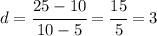 d=\cfrac{25-10}{10-5}=\cfrac{15}{5}=3