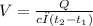 V= \frac{Q}{cρ( t_{2}- t_{1}) }