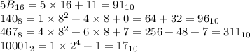 5B_{16}=5\times 16+11=91_{10} \\ 140_8=1\times 8^2+4\times 8+0=64+32=96_{10} \\ 467_8=4\times 8^2+6\times 8+7=256+48+7=311_{10} \\ 10001_2=1\times 2^4+1=17_{10}