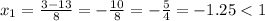 x_{1}= \frac{3-13}{8}=-\frac{10}{8}=-\frac{5}{4}=-1.25