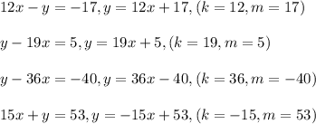 12x-y=-17,y=12x+17,(k=12,m=17)\\\\y-19x=5,y=19x+5,(k=19,m=5)\\\\y-36x=-40,y=36x-40,(k=36,m=-40)\\\\15x+y=53,y=-15x+53,(k=-15,m=53)