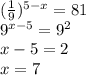 (\frac19)^{5-x}=81\\&#10;9^{x-5}=9^2\\&#10;x-5=2\\&#10;x=7\\&#10;