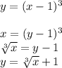 y=(x-1)^3\\\\x=(y-1)^3\\ \sqrt[3]{x}=y-1\\y= \sqrt[3]{x} +1