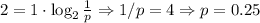 2 = 1 \cdot \log_2 \frac1p \Rightarrow 1/p = 4 \Rightarrow p = 0.25