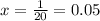 x=\frac{1}{20}=0.05