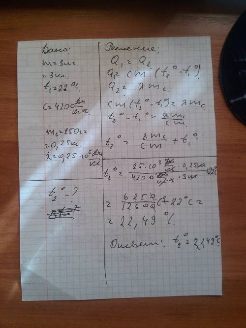 Всосуд, в котором находилось 3 л воды при температуре 22*с вылили 250 г расплавленного свинца, взято
